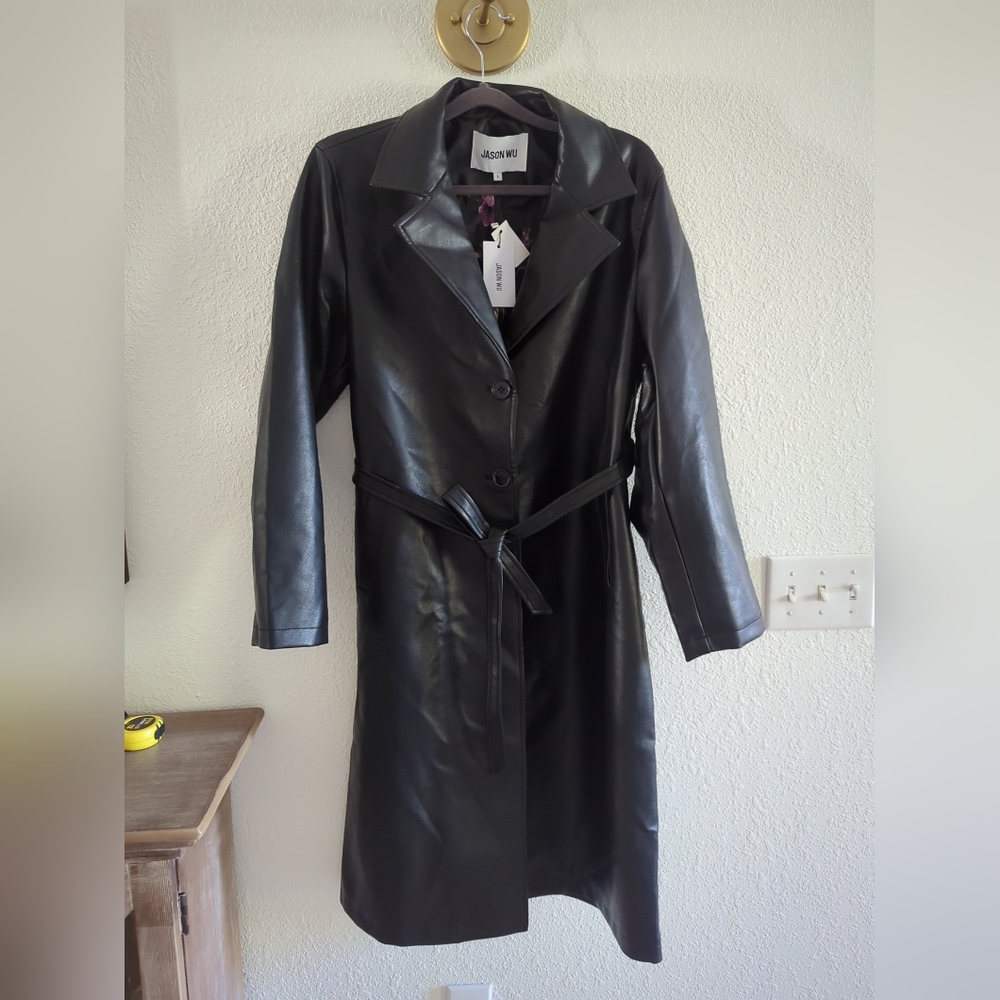 Jason Wu faux leather button closure belted trench coat black NWT size L $298.00